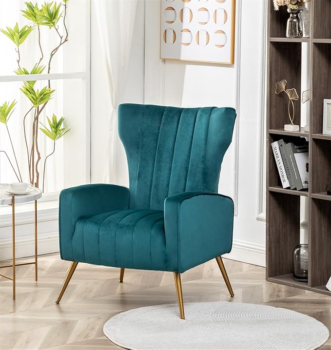 Container Furniture Direct Modern Velvet Accent Chair, Channel Tufted Bedroom, Office or Living Room Furniture with Elegant Metal Legs, 26" Wide Armchair, Blueish Green
