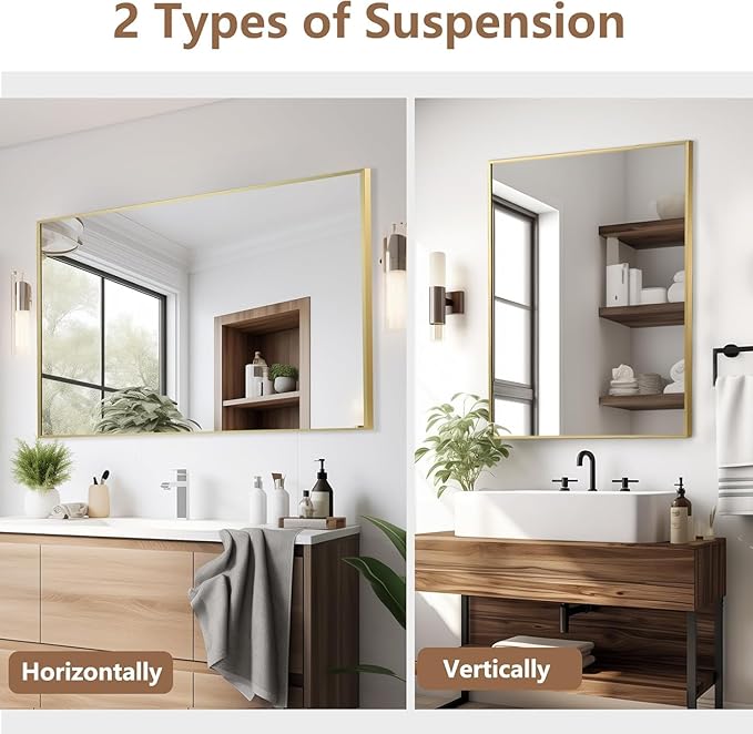 Gold Bathroom Mirror, 48"x30" Rectangle Mirror, Brushed Gold Mirror, Metal Frame Square Corner Vanity Mirror, Wall Mounted Mirror for Modern, Living Room, Bedroom, Horizontal Or Vertical