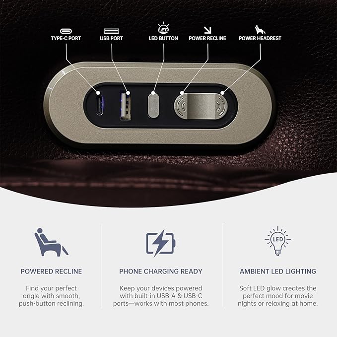 PU Leather Power Wall Hugger Chair Double Reclining Sectional Sofa 3-Seater Loveseat Couch with Reversible Coffee Table, Wireless Chargers, USB Port and Ambient LED Light for Living Room RV Theater