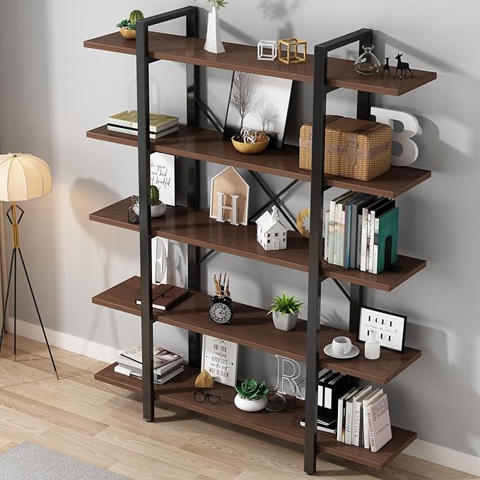 Industrial Bookshelf with 5 Shelves, Solid Wood core Bookcase,Walnut Wood and Black Metal Frame, Large Open Storage Display Unit (Dark Walnut, 5 Tiers)