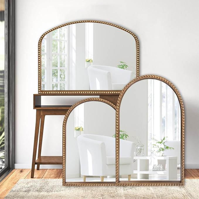 Traditional Arch Mirror for Bathroom, 20" x30" Baroque Antique Gold Marlowe Mirrors Beaded Frame, Decorative Accent Vertical Vanity, Wall Decor Over Mantel Fireplace, Sofa, Entryway