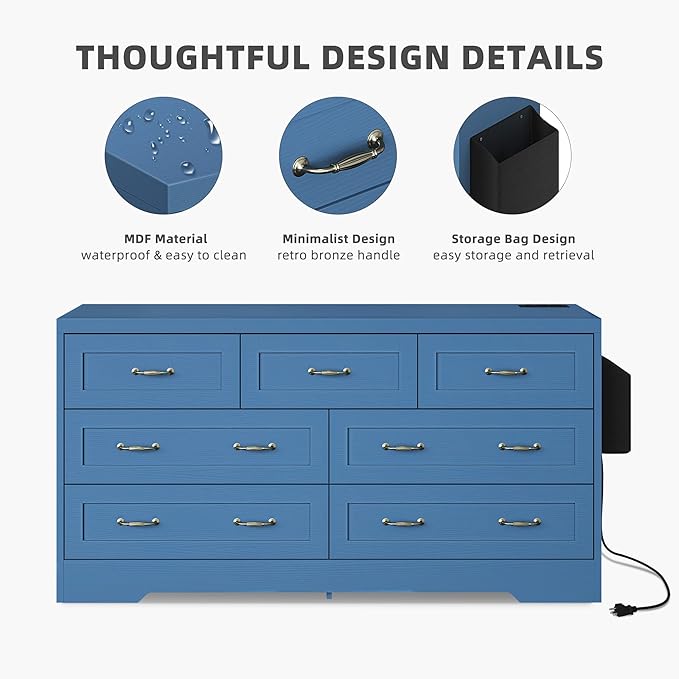 YITAHOME Drawers TV Stand for 65 inches with Power Outlets -Chest of Drawers Dresser with Side Organizer Bag Entertainment Center TV Console, Blue