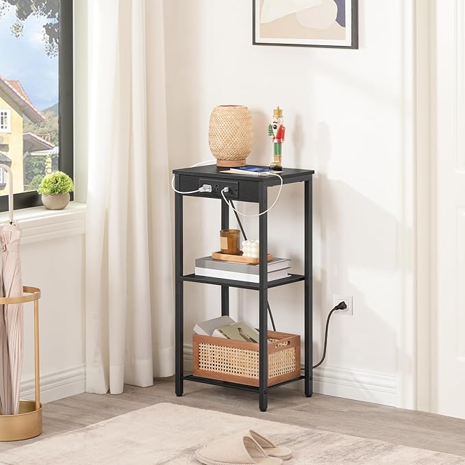 HOOBRO Tall End Table with Charging Station, 30 Inch Tall Nightstand, 3-Tier Side Table with Storage Shelves, for Living Room, Bedroom, Hallway, Black BB09UDH01G1