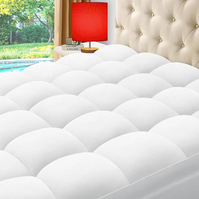 ELEMUSE Full Cooling Bamboo Viscose Mattress Topper for Back Pain, Extra Thick Mattress Pad Cover, Plush Soft Pillowtop with Elastic Deep Pocket, Overfilled Down Alternative Filling