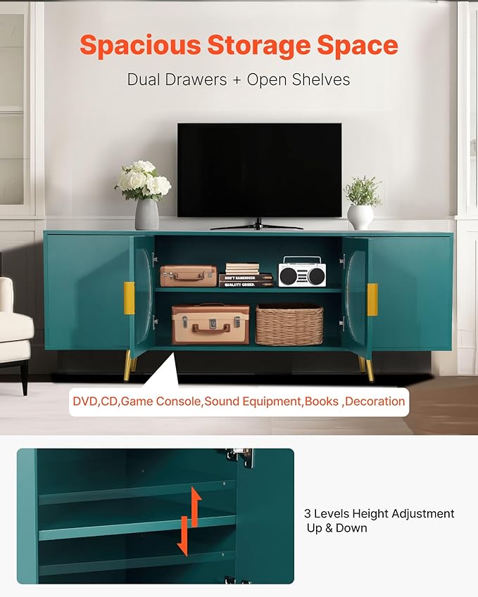 VEVOR TV Stand for TVs up to 75 inch, Modern Entertainment Center with Glass Doors and Gold Legs, TV Cabinet Storage with Adjustable Shelves, Media Console Table for Living Room and Bedroom, Green