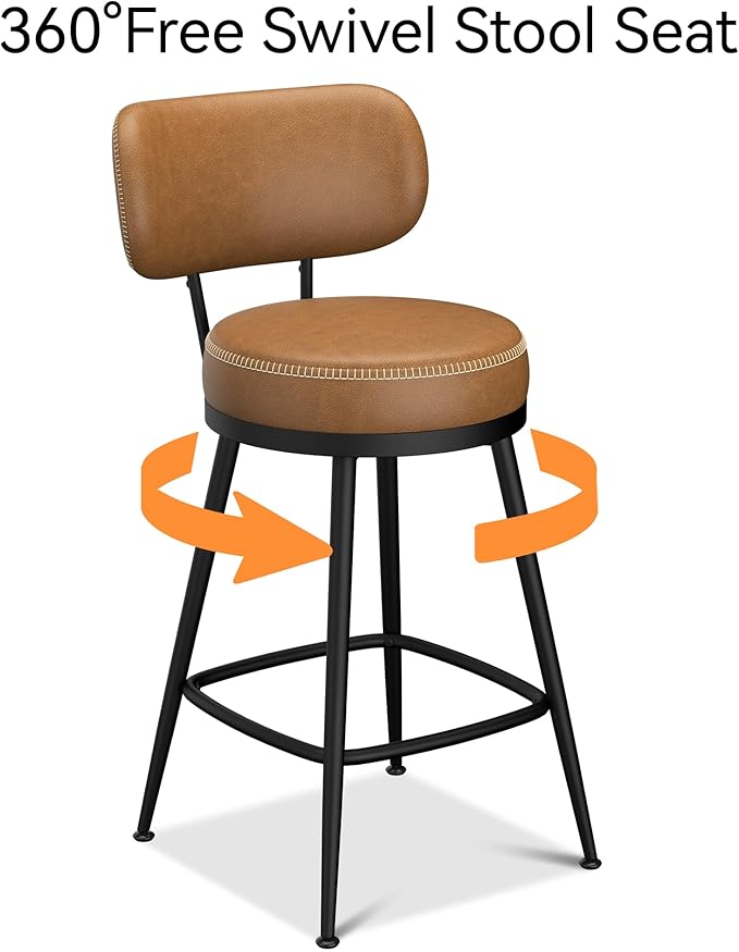 Counter Height Bar Stools, 26" H Swivel Barstools Set of 2, Faux Leather Kitchen Counter Stools with Back and Stylish Stitching, Metal Frame, Pub, Home Bar, Whisky Brown