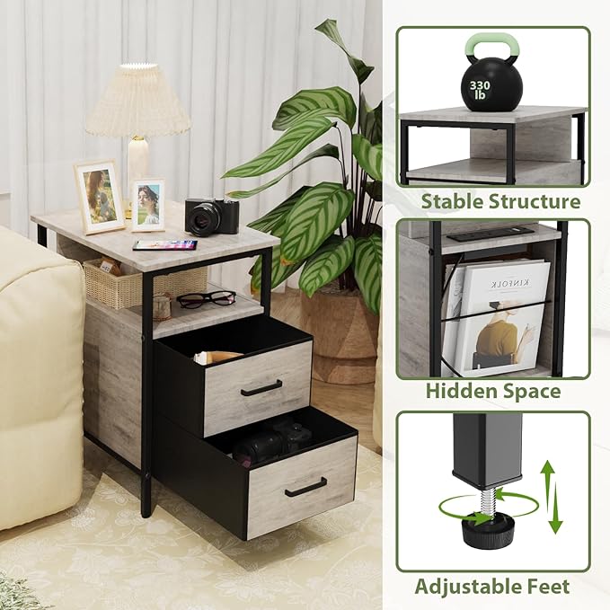 End Table with Charging Station, Narrow Side Table with 2 Fabric Drawer & Storage Shelf, USB Ports & Power Outlets, Narrow Nightstand for Bedroom Living Room Small Spaces, Greige