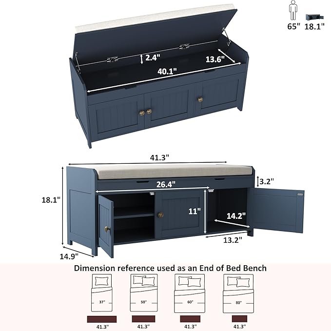 HOMEFORT 41.3" Shoe Bench with Lift Top Storage, Entryway Bench with Cushioned Seat, Wooden End of Bed Bench, Shoe Cabinet Bench with Hidden Storage Space, for Bedroom, Hallway,Blue