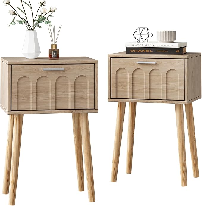 Nightstand Set of 2, Small Bed Side Table with Arch Door, Mid-Century End Table with Wood Legs for Bedroom, Small Space (Natural)