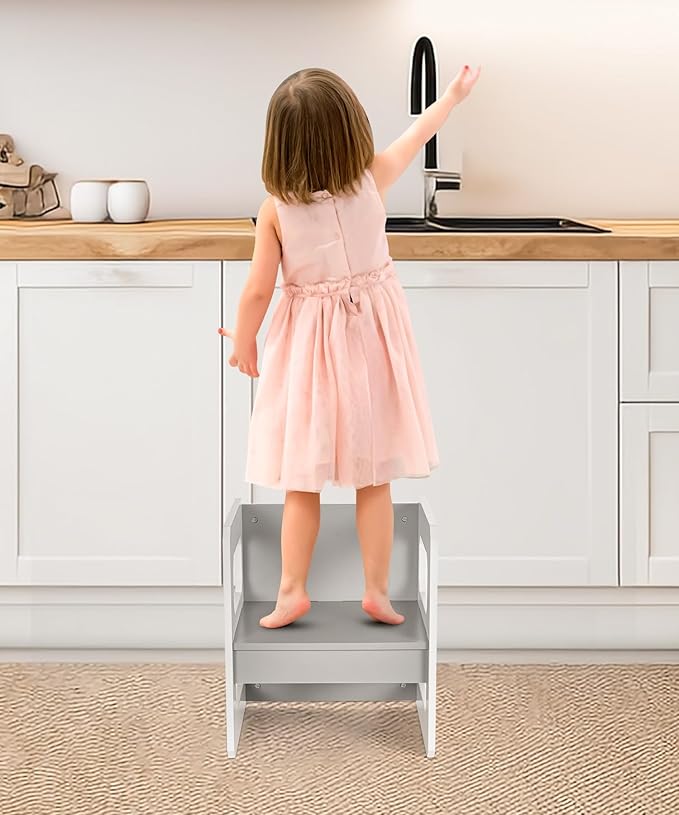 Kids Table and Chair Set, 3-in-1 Wooden Children's Furniture with Blackboard, Water Resistant, Easy to Clean,Toddler Weaning Table for Bedroom, Playroom, Living Room (Grey and Black)