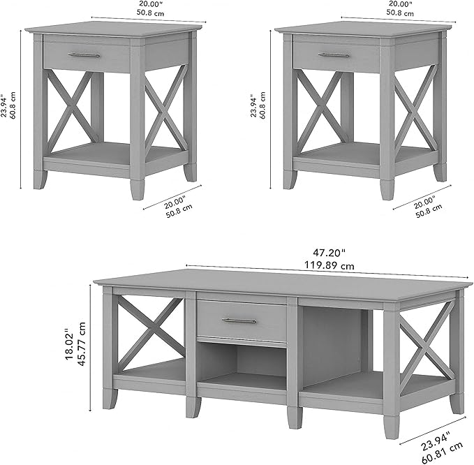 Bush Furniture Key West Coffee Table with Set of 2 End Tables in Cape Cod Gray