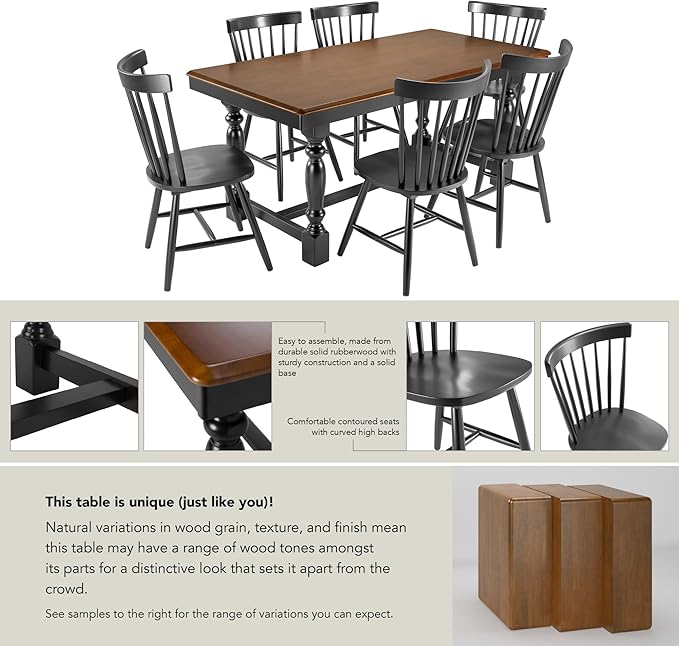 Bush Furniture Rectangular Dining Table Set for 6, with 67 inch Squire Trestle, High Back Spindle Dining Chairs, Farmhouse Transitional, Sterling Collection, Dark Brown and Black