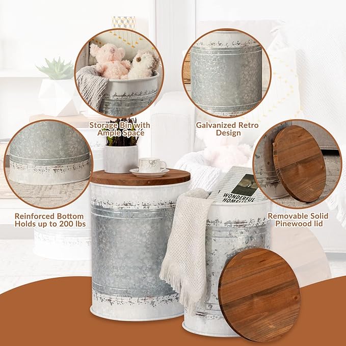 Poofzy Farmhouse End Tables Set of 2, Galvanized Metal Decor Side Table with Wood Lid, Coffee Table Storage Stool for Living Room (White)