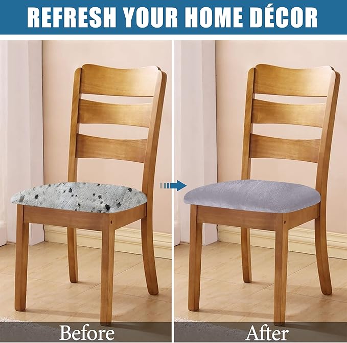 Smiry Velvet Seat Covers for Dining Room Chair Set of 4, Stretch Fit Removable Washable Chair Seat Cushion Protector Slipcovers with Ties, Light Grey