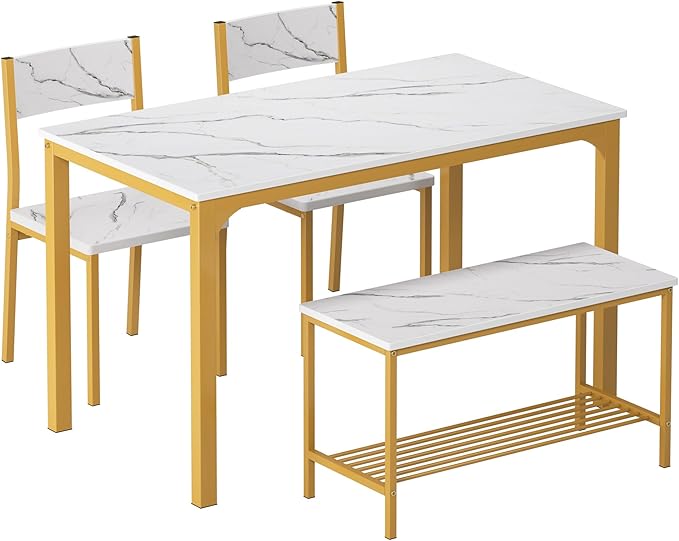 SogesHome Kitchen Table Set for 4, Compact Dining Table Chair Set with Bench, 4 Piece Table with Built-in Storage Racks, Metal Frame, for Apartment, Restaurant, Gold