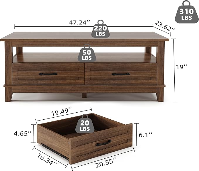 GarveeHome Farmhouse Coffee Table with Drawers, 47.2" Center Table Rustic Coffee Tables Walnut Center Table with Open Shelf, 6 Support Legs