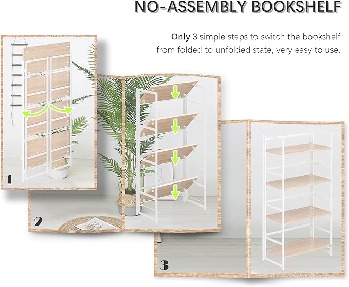 4NM No Assembly 4 Tiers Book Shelves, White Folding Bookshelf Bookcase Open Industrial Foldable Shelves for Bedroom, Living Room, Home Office - Natural White
