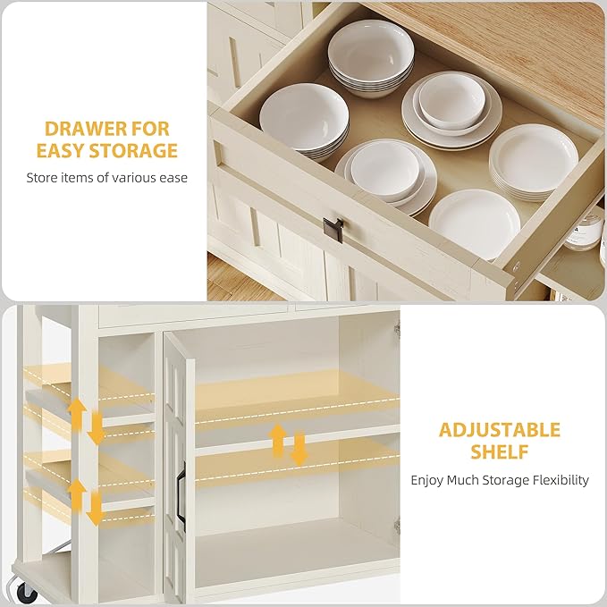 DWVO Kitchen Island with Storage Cabinet, Farmhouse Rolling Island Table on Wheels, Americana Mobile Storage Islands with Open Shelves, Drawers for Living Room, Dining Room, Off White