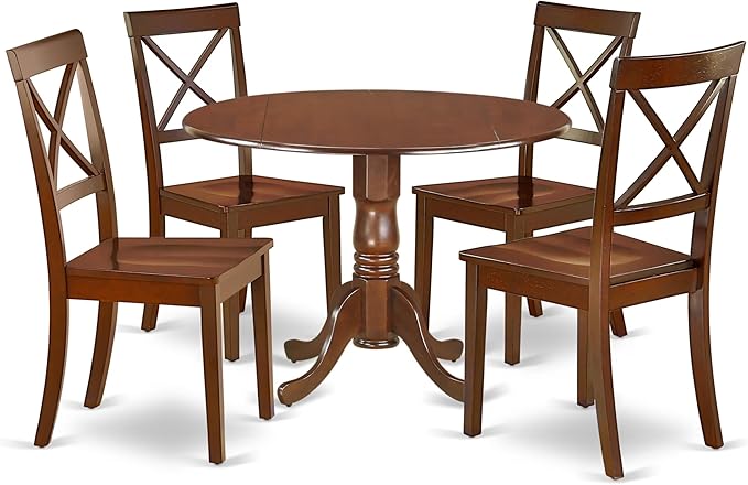 East West Furniture DLBO5-MAH-W 5 Piece Dining Room Table Set Includes a Round Dining Table with Dropleaf and 4 Wood Seat Chairs, 42x42 Inch, Mahogany