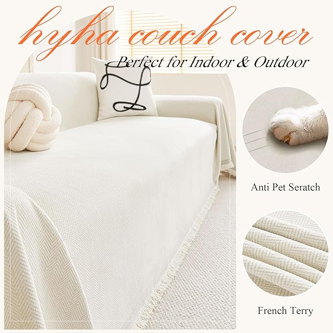 hyha Couch Cover for Dogs, Boho Sofa Covers for 3 Cushion Couch Washable, Chenille Sofa Slipcover for Pets, Soft Loveseat Sectional Couch Throw Blankets with Tassels (Beige, 88.5x118 Inch)