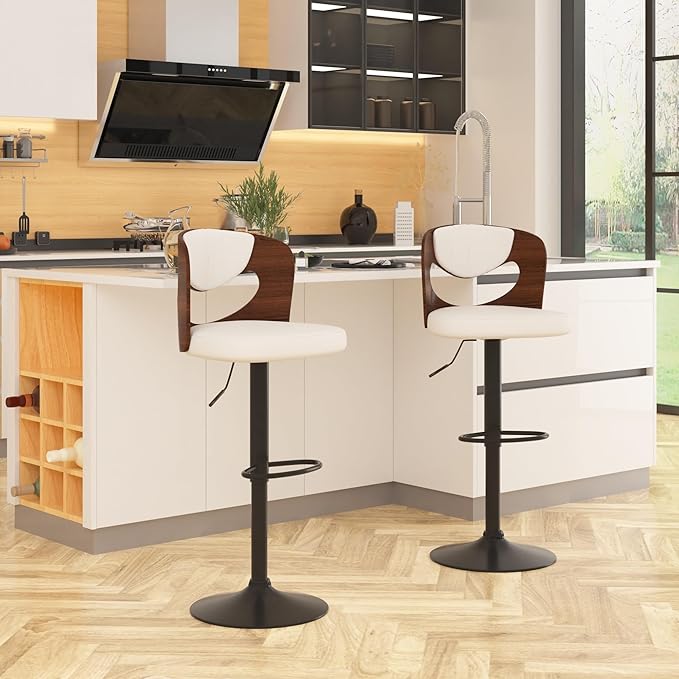 VECELO Bar Stools Set of 2,Kitchen Island Stools with Bentwood Back,Arm&Footrest,Counter Height Stools PU Leather Adjustable Height,Swivel Bar Chairs for Club Pub Dining Room, Ivory White