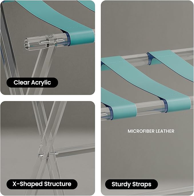 Sumerflos Acrylic Luggage Rack for Guest Room - Foldable Suitcase Stand with Leather Straps for Bedroom Living Room Hotel Heavy-Duty, Holds up to 50-100 lb lightweight Space Saving (Blue & Handle - 1 Pcs)