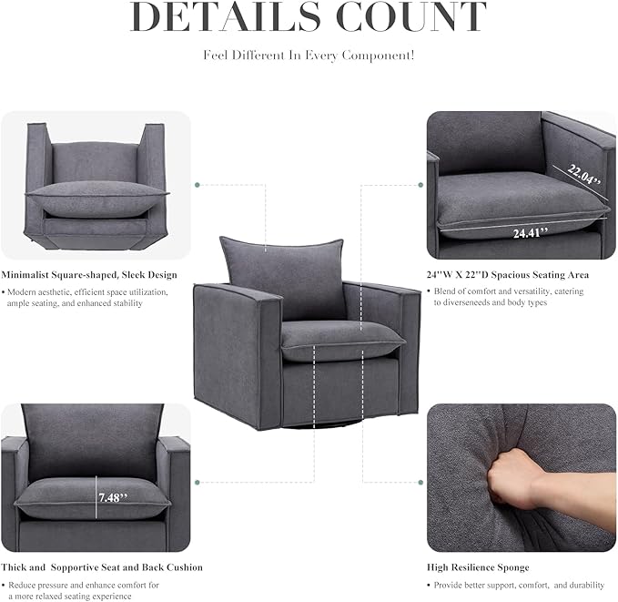 Swivel Accent Chair, 34 Inches Wide Upholstered Arm Chair with Plump Back Pillow, Modern Sofa Living Room Chair for Bedroom, Corner, Reading Nook-Grey