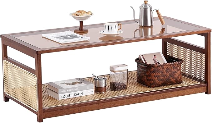 Welnow Rattan Coffee Table for Living Room, Modern 2-Tier Rectangle Center Table with Storage Shelf and Glass Top, Mid-Century Boho Furniture for Apartment, 47.5" Walnut