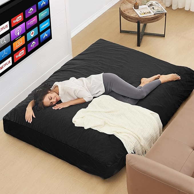 Bean Bag Chairs for Adults - Giant Bean Bag Chair Convertible Bean Bag Bed - Beanbag Chair with Micro Fiber Cover/Furniture Foam Filler - Floor Couch Sofa in Bedroom Dorm Room - Queen Carbon Black