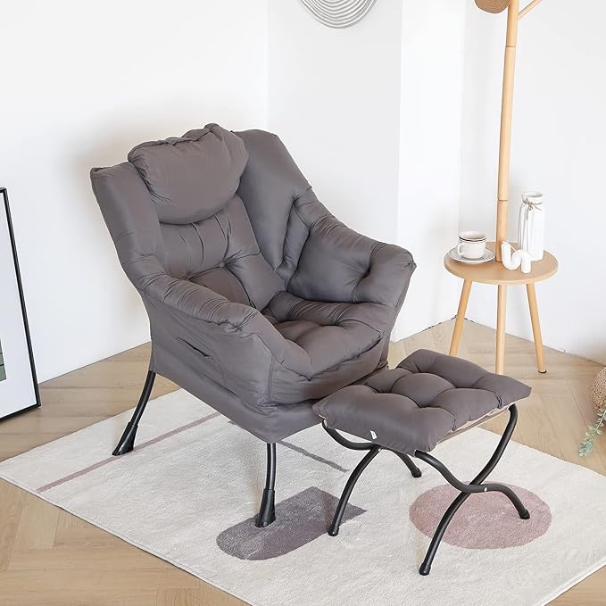 LITA Lazy Chair with Ottoman, Modern Accent Leisure Upholstered Lazy Sofa Armchair, Contemporary Lounge Reading Chair with Armrests and a Side Pocket for Living Room, Bedroom & Small Space, Dark Grey