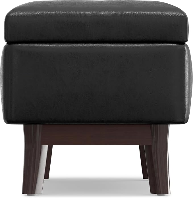 SIMPLIHOME Owen 36 inch Wide Mid Century Modern Small Rectangular Storage Ottoman in Distressed Black Vegan Faux Leather, Assembled, For the Living Room, Entryway and Family Room