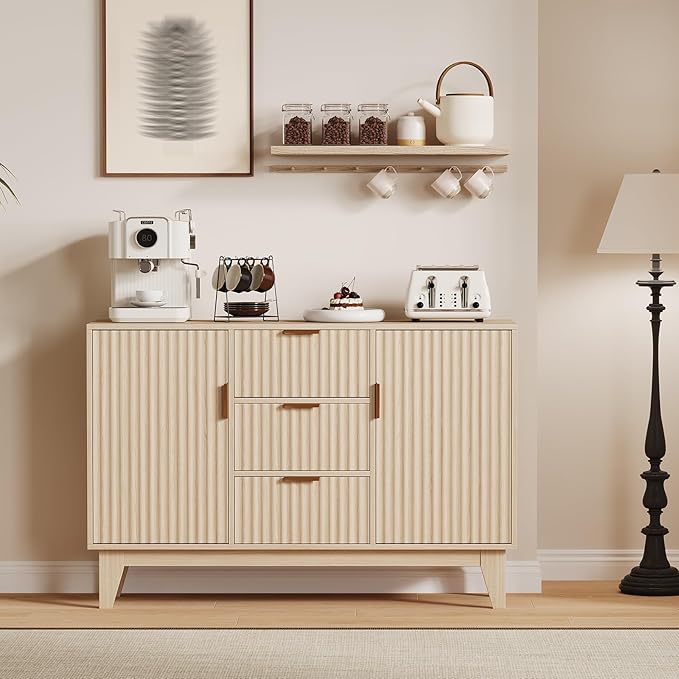 Garvee 47.2" Fluted Buffet Cabinets with Storage, Sideboard Storage Cabinet with 3 Drawers and 2 Doors, Modern Mid Century TV Stand Coffee Bar Furniture for Living Room, Kitchen, Entryway- Oak