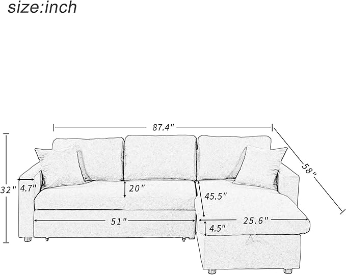 87.4 Inch L Shape Sleeper Sectional Sofa with Storage Chaise, Pull Out Bed and 2 Tossing Cushions, Upholstered Corner Couch for Living Room, Apartment, Home Furniture, Gray