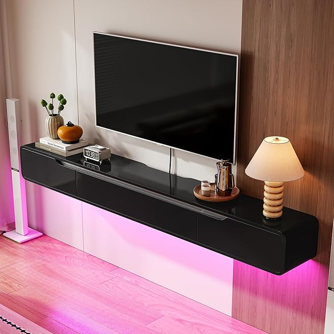 Fully-Assembled Floating TV Stand with Drawers, 55IN High Gloss Wall Mounted Entertainment Center, Modern Media Console with Storage, Under TV Shelf for Bedroom Living Room Black