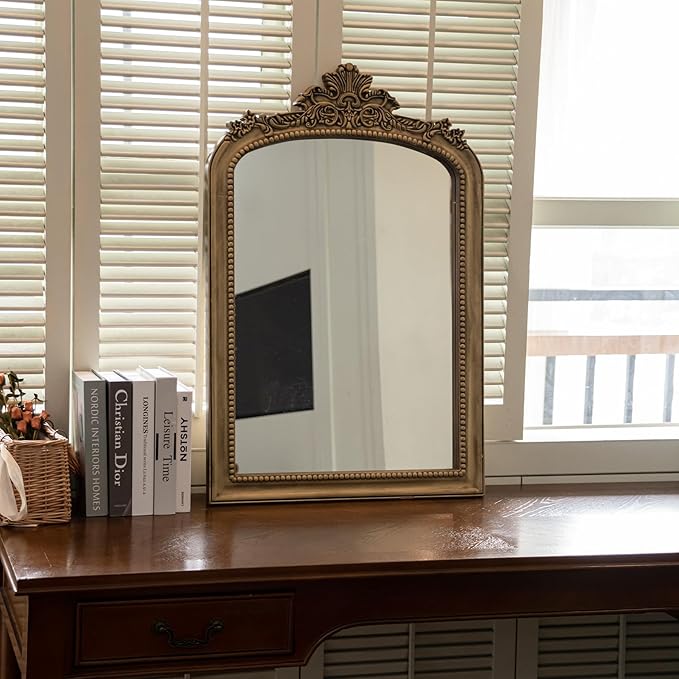 Distressed Vintage Gold Wall Mirror - 24x36 inch, Large Antique Fireplace Mantle Mirror, Baroque Ornate Decorative Bathroom Mirror | Solid Wood Pine