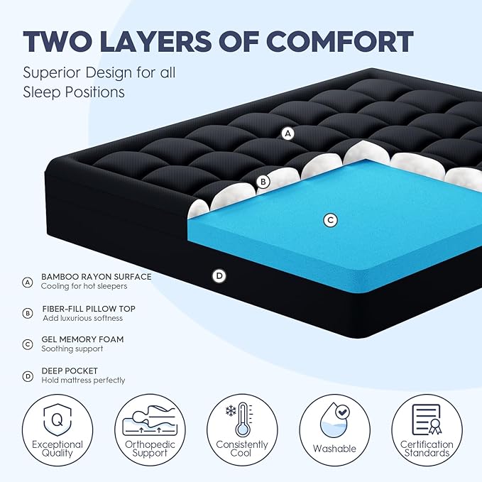 ELEMUSE Dual Layer 3 Inch Memory Foam Mattress Topper Twin, 2 Inch Cooling Gel Memory Foam Plus 1 Inch Down Alternative Pillowtop Mattress Pad with Cooling Cover, Soft Comfort Support, Black