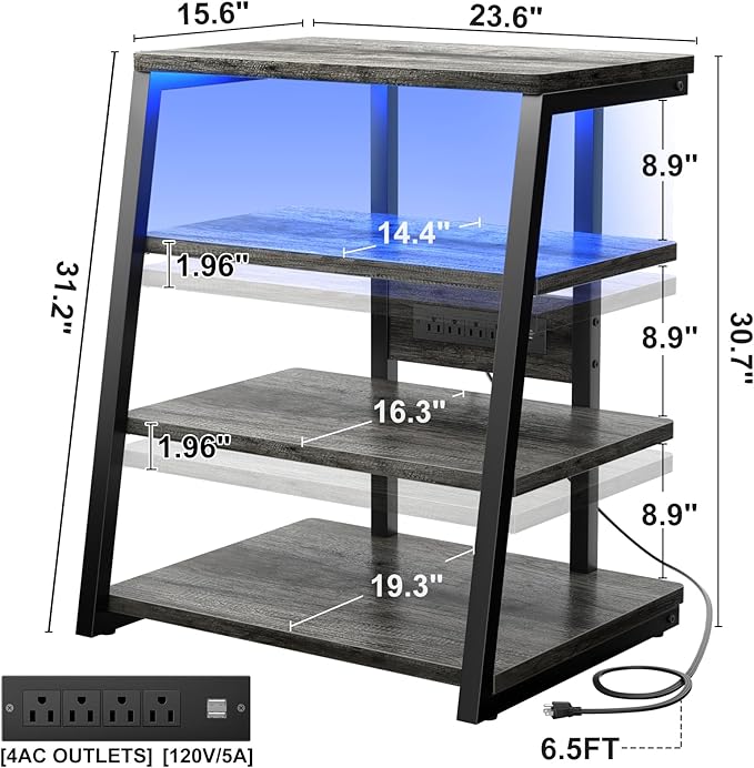 Armocity 4-Tier AV Media Stand with Power Strips, Stereo Stand with LED Lights, Rack Audio Tower with Adjustable Shelves, Small Entertainment Center, 30'', Grey Oak