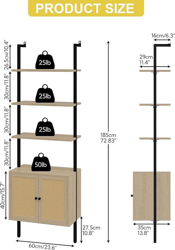 Yusong 73" Tall Bookshelf with Cabinet, Industrial Ladder Wall Mount Shelf Rattan Bookcase with Wood and Metal Frame, Plant Shelf Wall Storage Display for Living Room Bedroom,Light Ivory Brown