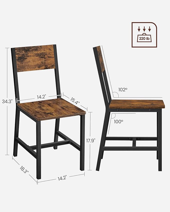 VASAGLE Dining Chair Set of 6, Wood Kitchen Chairs with Metal Steel Frame, Easy to Assemble, Comfortable Seat, Modern Farmhouse Chair for Kitchen, Bedroom, Living Room, Rustic Brown and Ink Black
