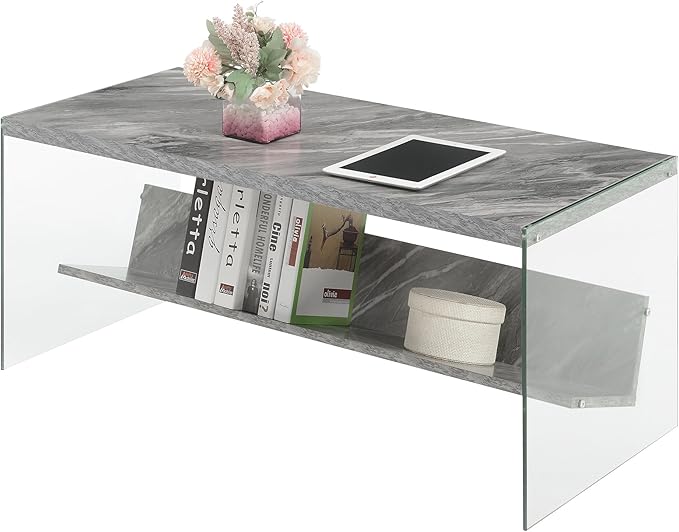 Convenience Concepts SoHo Modern Living Storage Shelf, Contemporary Coffee Table for Family Room, 40", Gray Faux Marble/Glass
