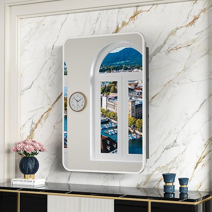 20x28 Inch Brushed Silver Recessed Medicine Cabinet with Mirror Metal Framed Surface Wall Mounted Bathroom Medicine Cabinet Mirror with Storage