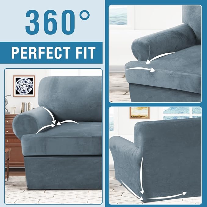 H.VERSAILTEX Sofa Cover 2 Piece T Cushion Armchair Slipcovers Thick Velvet Couch Cover Furniture Protector Stretch T Cushion Sofa Covers for 1 Cushion Couch with 1 T Cushion Covers, Stone Blue