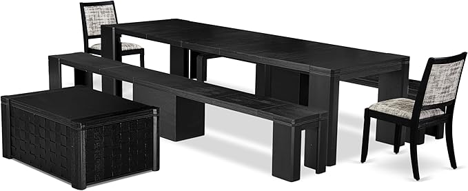X02X2-2C6-30 4-pc Dining Room Table Set a Rectangular Kitchen Table and a wooden Bench and 2 Wire Brushed Black Polyester Stackable Chair, 39x120 Inch, Wire Brushed Black