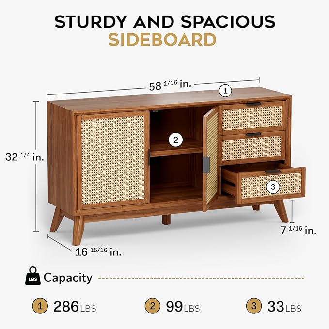 Bme Rattan Pre-Assembled Buffet Sideboard with 3 Drawers & 2 Doors, 58" Accent Console Table Living Room, Kitchen, Dining, Dark Chocolate, Jasper Storage Cabinet