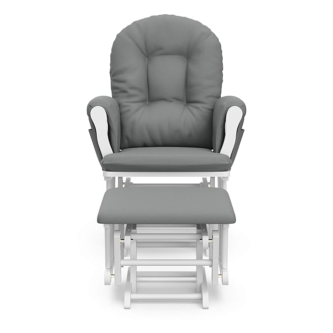 Storkcraft Premium Hoop Glider & Ottoman (White/Gray) — GREENGUARD Gold Certified Nursery Glider, Solid Wood Craftsmanship, Smooth-Gliding Nursery Chair and Ottoman, Award-Winning