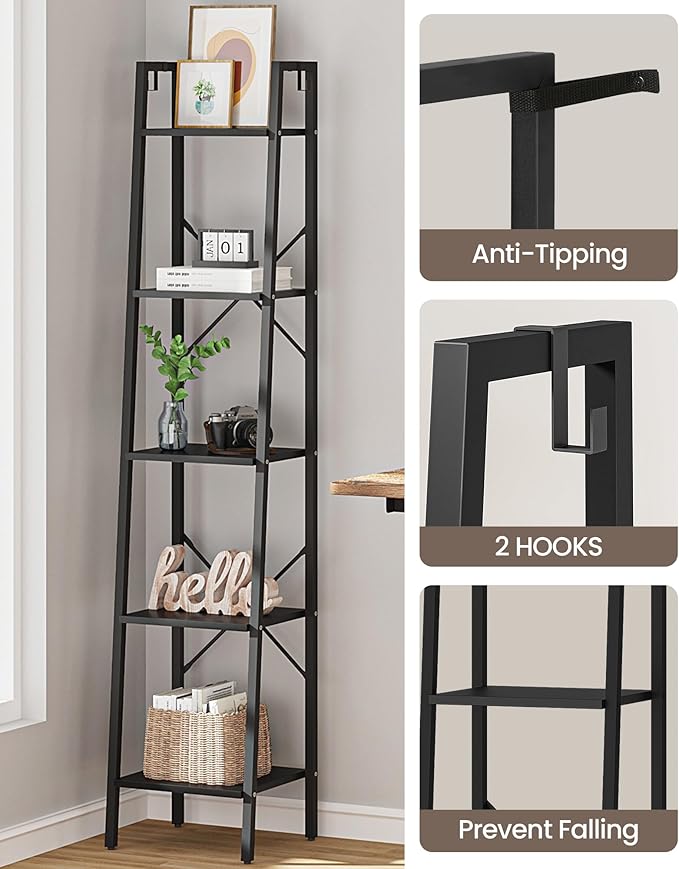 Ladder Shelf, Bookshelf Bookcase, Freestanding Corner Storage Shelve with 2 Hooks for Home Office, Living Room, Kitchen, Bedroom, Industrial, 5-Tier Black BC03204B