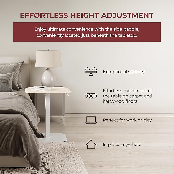 ERGOHOME™ ELEVANCE TABLE™ Height Adjustable Side Table for Couch or Bed, Laptop Table - Small End Table Office Coffee Table - C-Shaped Sofa Side Table with Multi-Function (White Base & Washed Oak Top)