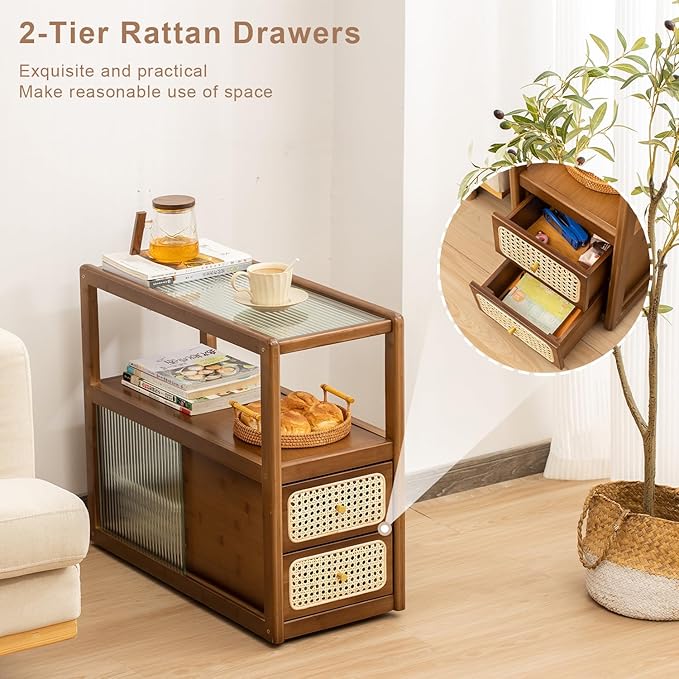 Bamboo & Rattan Side Table with Glass Top – 2-in-1 End Table and Bedside Cabinet with Drawer Storage for Small Spaces, Bedroom, Living Room,Walnut