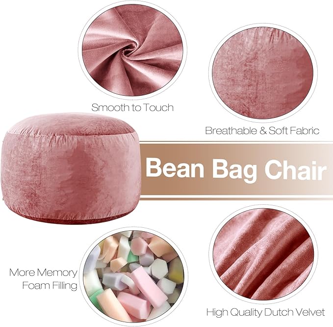 4 Ft Bean Bag Chairs for Adults/Teens with Memory Foam Filling, Comfy Bean Bag Sofa with Filler Included, Soft Dutch Velvet Fabric Beanbags,4 Foot, Pink