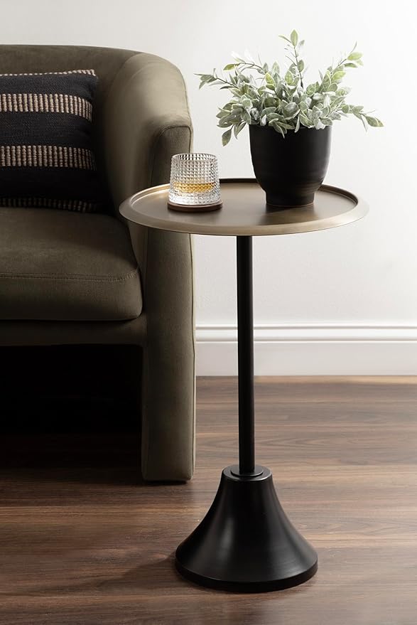 Kate and Laurel Sanzo Modern Pedestal Round Side Table; 15 x 15 x 24; Antique Brass and Black; Circle End Table with Metal Tabletop for Use as Indoor Plant Stand or Bedroom Nightstand
